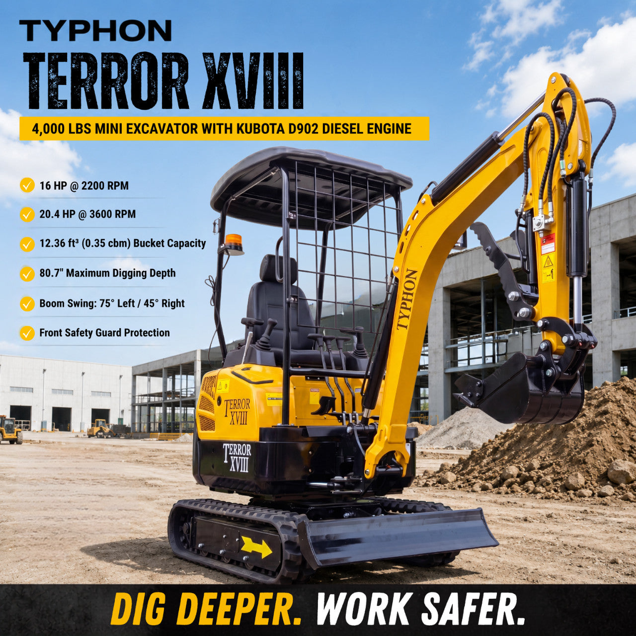 4,000 lbs Terror XVIII Mini Excavator, EPA KUBOTA D902 Engine Micro DIgger USA