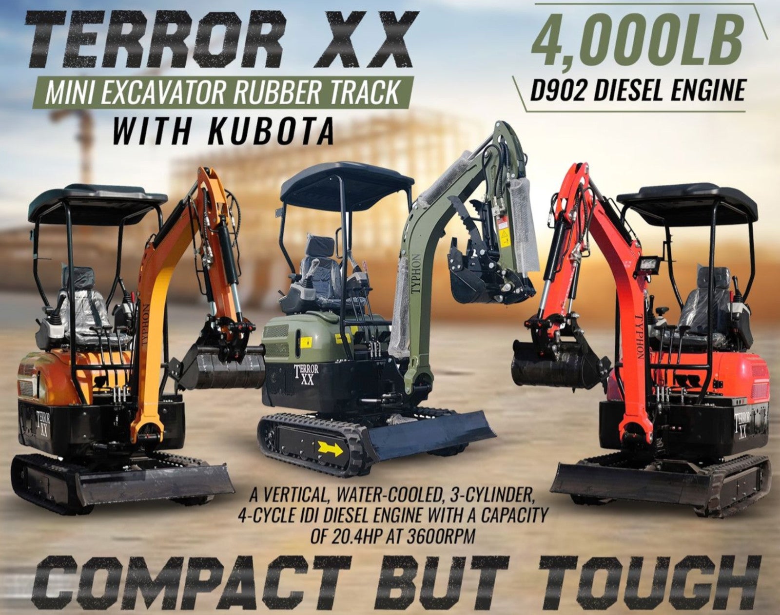 4000 lbs TERROR XX Mini Excavator EPA Kubota D902 Diesel Engine Side Swing New
