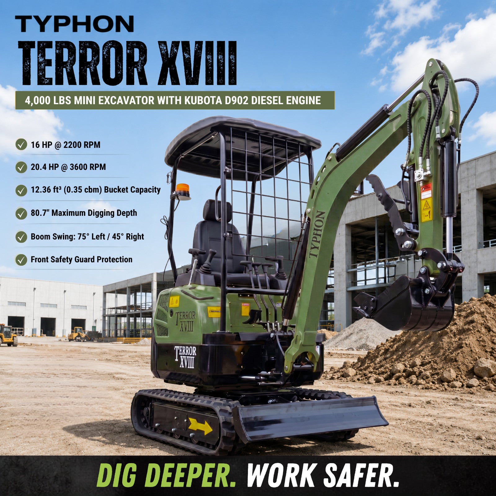KUBOTA D902 Diesel 4,000 lbs TERROR XVIII Mini Hydraulic Excavator USA STOCK