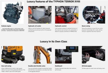 4,000 lbs Terror XVIII Mini Excavator, EPA KUBOTA D902 Engine Micro DIgger USA