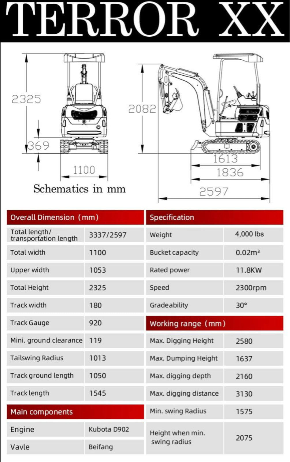 4000 lbs TERROR XX Mini Excavator EPA Kubota D902 Diesel Engine Side Swing New