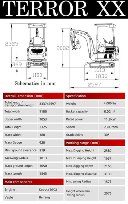 4000 lbs TERROR XX Mini Excavator EPA Kubota D902 Diesel Engine Side Swing New